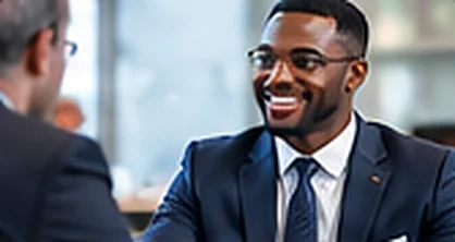 A smiling professional in a suit at a business meeting