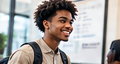 A smiling student with a backpack at a career event