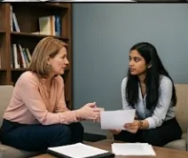 A mentor and a student talk through documents