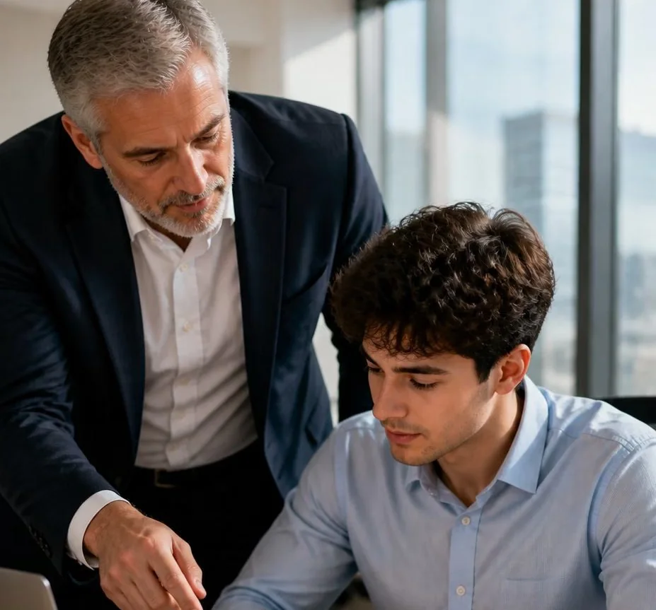 A mentor reviews work with a young professional at a laptop
