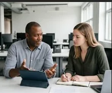 A mentor and a student talk over a tablet and notes