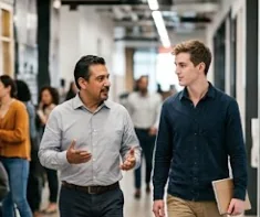 A mentor and a young professional talk while walking through an office