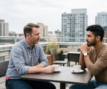 A mentor and a young professional talk over coffee on a rooftop patio
