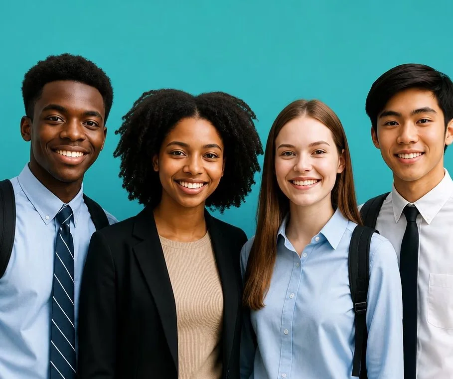 Four students in business attire, smiling, with backpacks