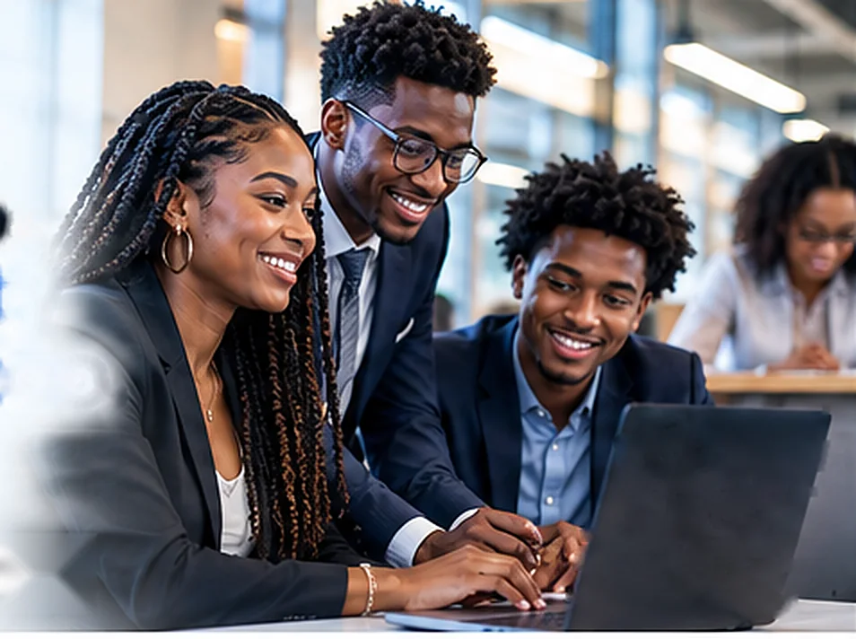 Three young professionals smile as they work together on a laptop