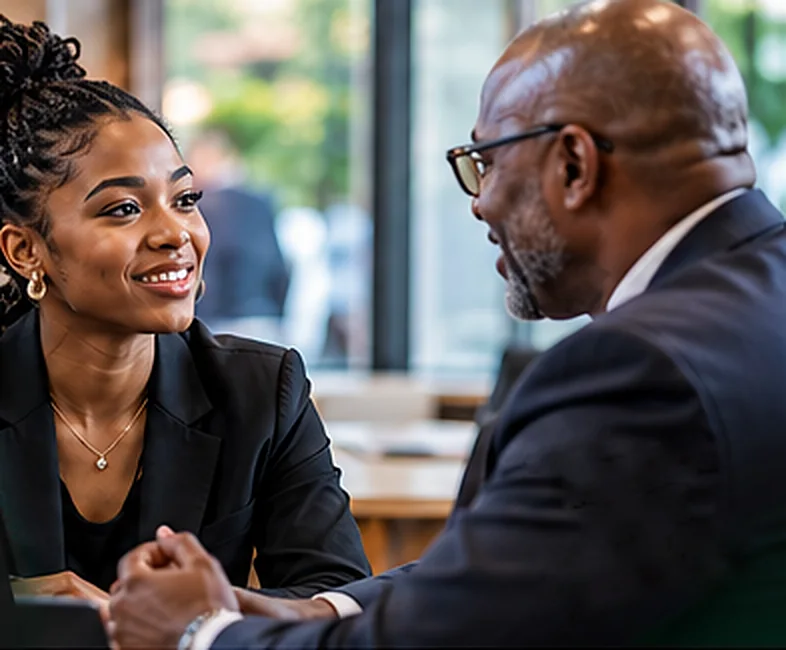 A young professional smiles during a conversation with an experienced mentor